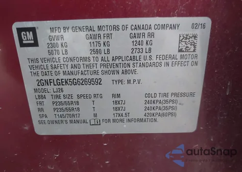 2016 Chevrolet Equinox Ltz z USA, uszkodzony, nr VIN 2GNFLGEK5G6269592